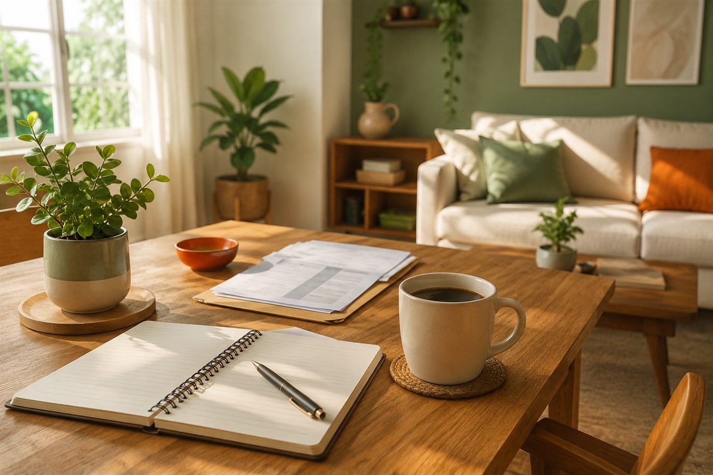 Rincón de hogar cálido con libreta, café y facturas ordenadas sobre una mesa de madera
