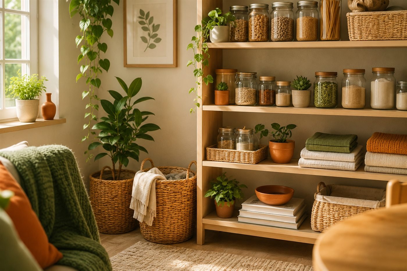 Rincón de hogar ordenado con estantería, frascos etiquetados, cestas y plantas